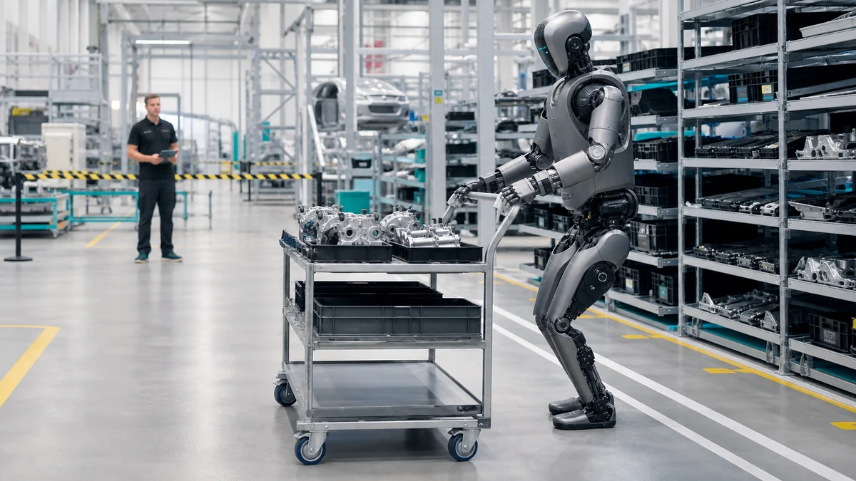 Illustration éditoriale d’un humanoïde manipulant un chariot de pièces dans une usine automobile