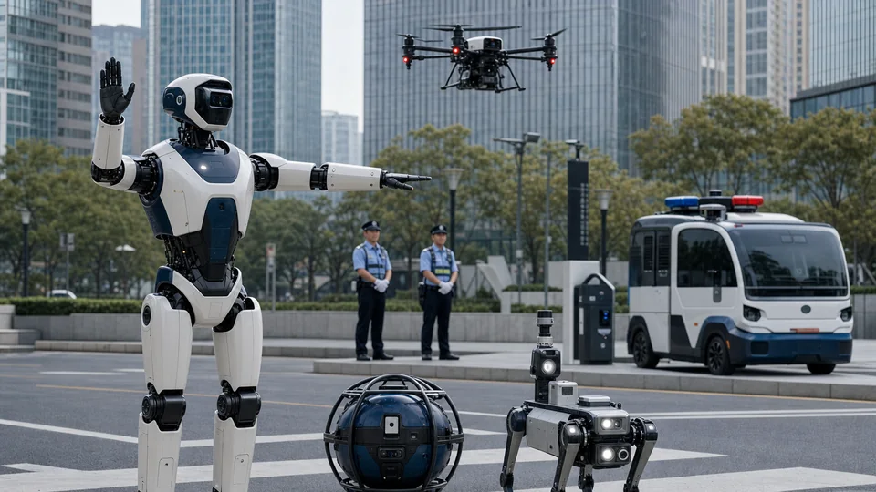 Humanoïde de circulation, robot sphérique, chien-robot, drone et véhicule autonome réunis sur une place urbaine chinoise