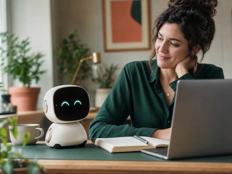 Professionnelle souriant à un petit robot compagnon de bureau générique pendant une pause