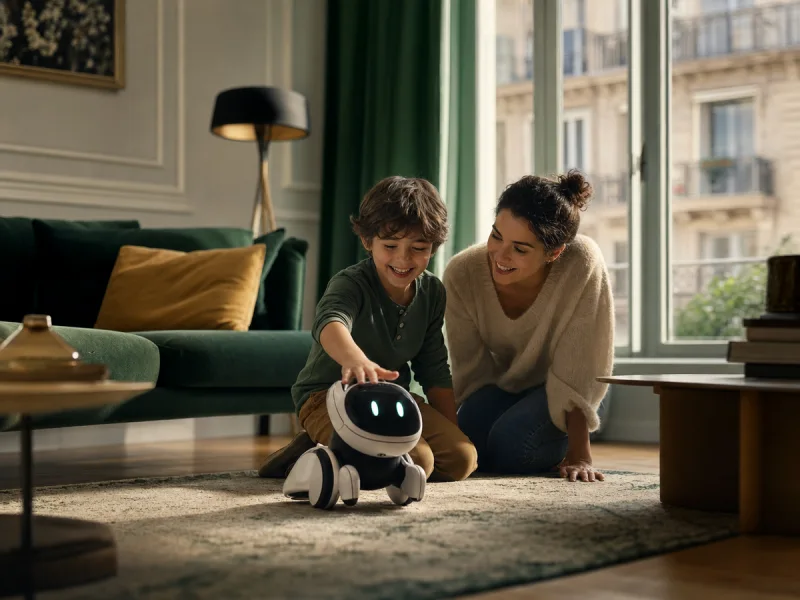 Parent et enfant partageant un moment joyeux avec un petit robot compagnon générique dans leur salon